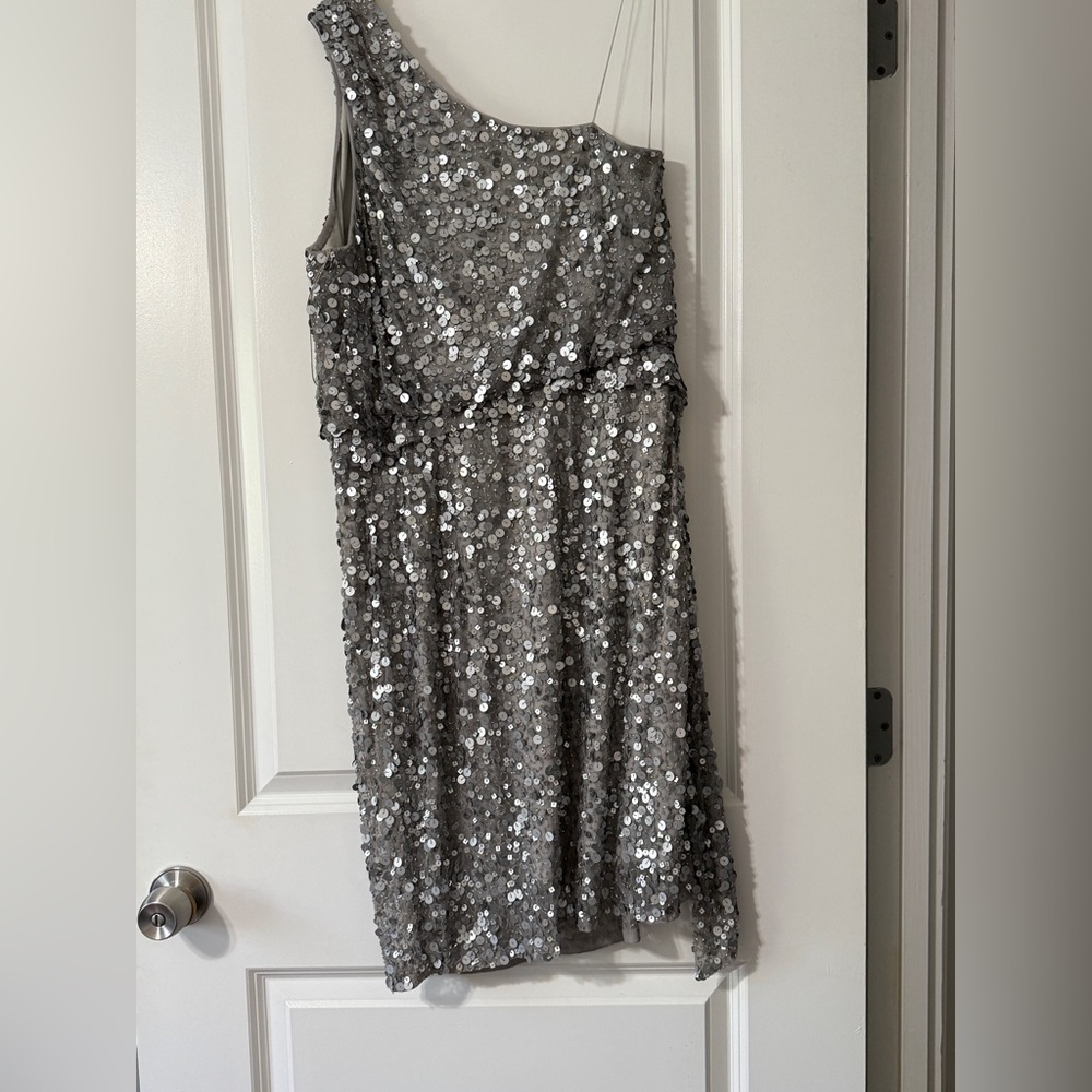 Aidan Mattox Silver Sequin One-Shoulder Dress